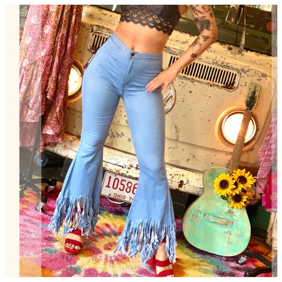ShopEvelynne Denim - 25 BOHO HIGH WAIST BELL BOTTOM WITH FRINGED HEM
